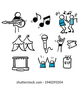 hand drawn Simple Set of Music Festival Related Vector Line Icons in doodle style vector