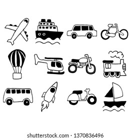 Hand drawn simple set of public transport vector icon, Contains such Icons as plane, ship, car, motorcycle, air balloon, helicopter, bike, train, bus, boat. Vector background