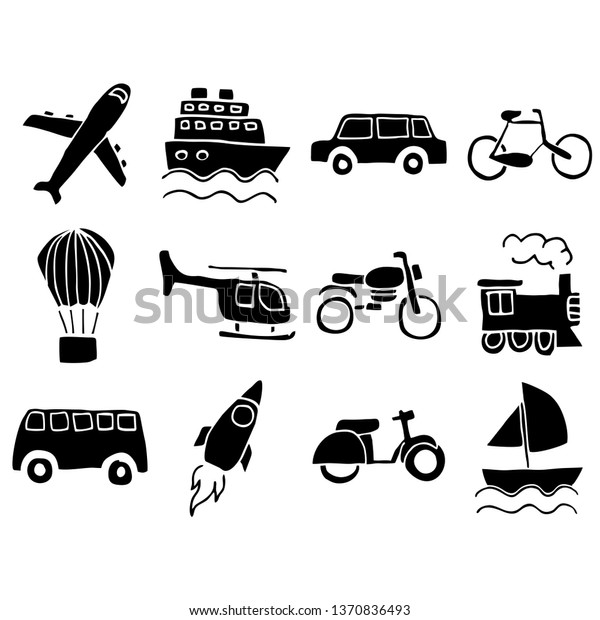 Hand drawn\
simple set of public transport vector icon, Contains such Icons as\
plane, ship, car, motorcycle, air balloon, helicopter, bike, train,\
bus, boat. Vector\
background