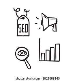 conjunto simple dibujado a mano de iconos de línea de vectores relacionados con SEO con estilo de dibujo de doodle