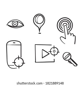 conjunto simple dibujado a mano de iconos de línea de vectores relacionados con SEO con estilo de dibujo de doodle