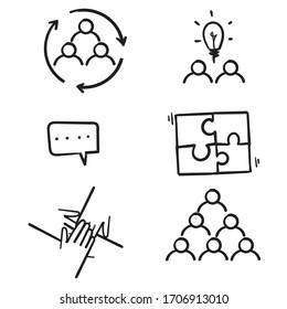 Hand Drawn Simple Set Of Team Work Related Vector Line Icons. Contains Such Icons As Cooperation, Collaboration, Team Meeting.doodle