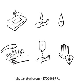 conjunto simple de iconos de doodle de vectores relacionados con las manos de lavado a mano. Contiene iconos como instrucciones de lavado, antiséptico, jabón y más.aislado