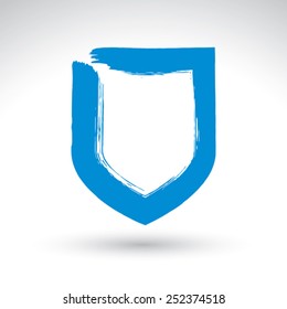 Hand drawn simple shield icon, brush drawing vector security sign, blue hand-painted protection symbol isolated on white background, user interface pictogram.