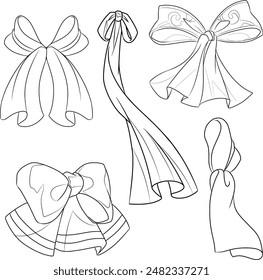 Hand drawn simple sketch collection of different shapes of bows and ribbons pattern in black and white