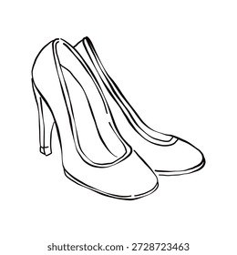 Esboço simples desenhado à mão de sapatos de salto alto com salto stiletto. Ilustração vetorial isolada sobre fundo branco. Vista lateral