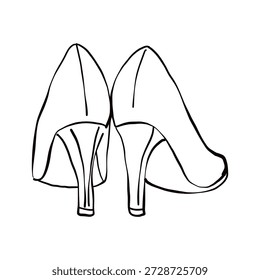 Esboço simples desenhado à mão de sapatos de salto alto com dedo apontado e salto estilete. Ilustração vetorial isolada sobre fundo branco. Vista da retaguarda