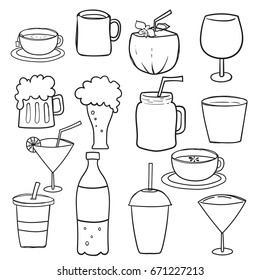 Hand drawn simple sketches of various types of drinks. Vector freehand illustration isolated on white background.