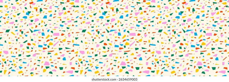 Dibujado a mano simple moteado terrazo sin patrón. Textura arenosa de color brillante sobre fondo beige. Ilustración vectorial para el día de fiesta, partido, cumpleaños, invitación