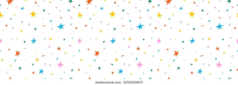 Hand drawn simple sprinkle seamless pattern. Bright color confetti, stars on white background. Vector Illustration for holiday, party, birthday, invitation.