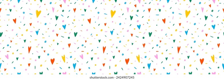Hand drawn simple sprinkle seamless pattern. Bright color confetti, hearts on white background. Vector Illustration for holiday, party, birthday, invitation.