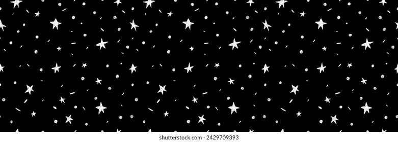 Hand drawn simple sprinkle seamless pattern with white confetti and stars on black background. Vector Illustration for holiday, party, birthday, invitation.