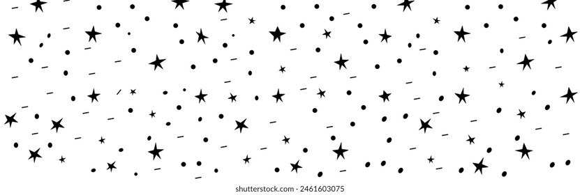 Hand drawn simple sprinkle seamless pattern with black confetti and stars on white background. Vector Illustration for holiday, party, birthday, invitation..