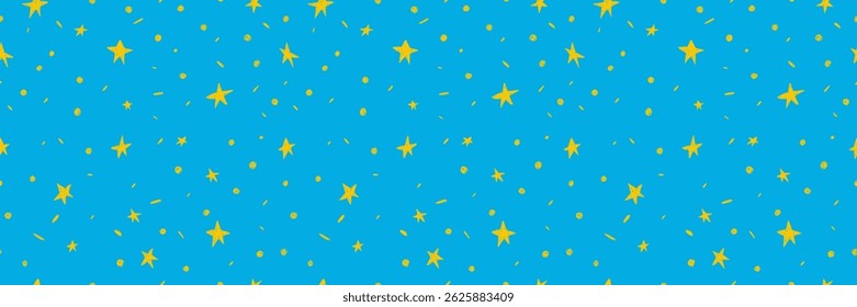 Mão desenhado padrão simples salpicar sem costura com confete amarelo e estrelas no fundo azul. Ilustração vetorial para feriado, festa, aniversário, convite.