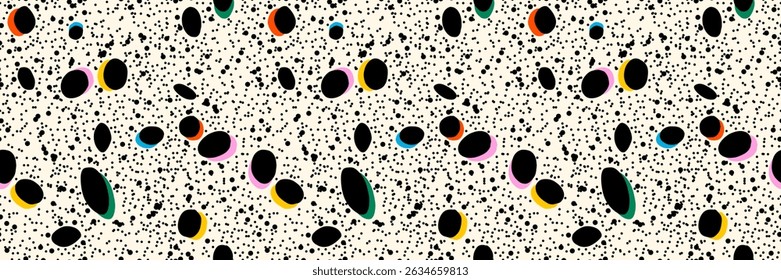 Mão desenhado padrão simples salpicar sem costura com confetes preto e cor no fundo bege. Ilustração vetorial para feriado, festa, aniversário, convite.