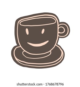 Hand drawn simple style illustration of tea or coffee cup. Funny smiling breakfast cartoon character.