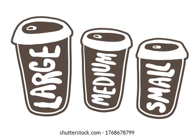 Hand drawn simple style illustration of hot beverages, tea or coffee. Cups with different sizes. 