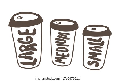 Handgezeichnete, einfache Illustration von heißen Getränken, Tee oder Kaffee. Cups mit unterschiedlichen Größen. 