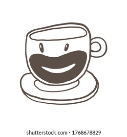 Hand drawn simple style illustration of tea or coffee cup. Funny smiling breakfast cartoon character.