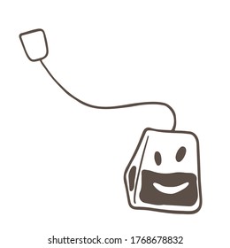 Dibujo manual de una simple ilustración de la bolsa de té. Caricatura divertida sonriente.