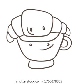 Hand drawn simple style illustration of tea or coffee cup with tea bag. Funny smiling breakfast cartoon characters.