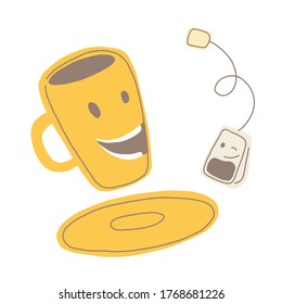 Hand drawn simple style illustration of tea or coffee cup with tea bag,  Funny smiling breakfast cartoon characters.
