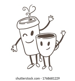 Hand drawn simple style illustration of tea or coffee cup. Funny smiling breakfast cartoon characters.