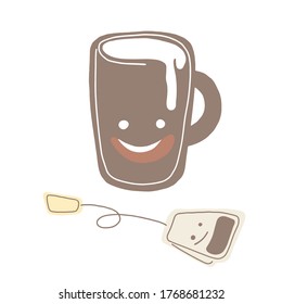 Hand drawn simple style illustration of tea or coffee cup with tea bag,  Funny smiling breakfast cartoon characters.