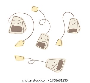 Hand drawn simple style illustration of tea bag,  Funny smiling breakfast cartoon characters.