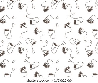 Hand drawn simple style seamless pattern of tea bags. Funny smiling breakfast cartoon characters background.