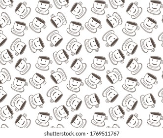 Hand drawn simple style seamless pattern of hot beverages, tea or coffee cups. Funny cartoon background.