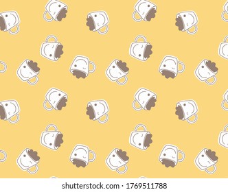 Hand drawn simple style seamless pattern of hot beverages, tea or coffee cups. Funny cartoon background.
