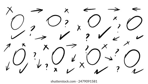 Hand drawn simple symbols. Set of Arrows, question marks, crosses and circles.