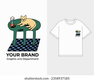 hand drawn simple t shirt design illustration cat on the table