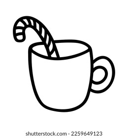 Hand drawn simple tea or cocoa mug with lollipop. Doodle vector illustration