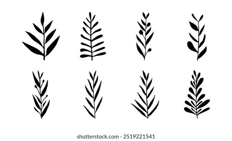 Hand drawn simple twigs silhouette. Doodle illustration forest branches and leaves.