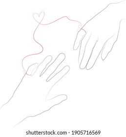 Hand drawn simple Valentine s Day, Wedding greeting card or invitation, with hands connected by the red string of fate with heart shape.