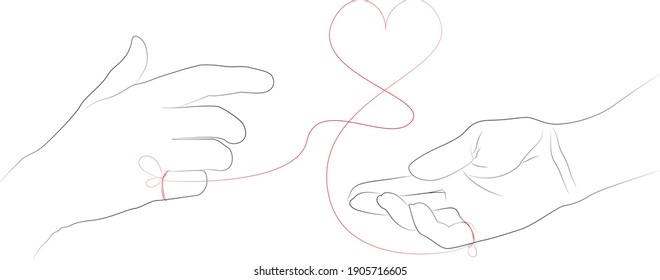 Hand drawn simple Valentine s Day, Wedding greeting card or invitation, with hands connected by the red string of fate with heart shape.