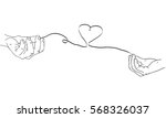 Hand drawn simple Valentine's Day, Wedding greeting card or invitation, with male and female hands connected by the red string of fate with heart shape.