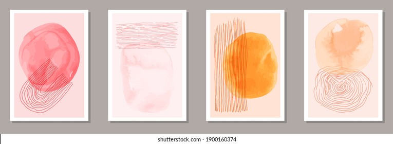 Hand drawn simple Valentine's Day greeting card templates vector collection. Watercolor stains texture. Pink gentle cool artwork layouts. Brush stroke elements