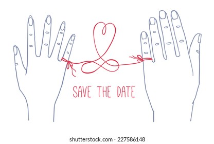 Hand drawn simple Valentine's Day, Wedding greeting card or invitation, with male and female hands connected by the red string of fate with heart shape and infinity sign with text "Save the Date"