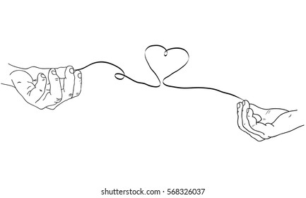 Hand drawn simple Valentine's Day, Wedding greeting card or invitation, with male and female hands connected by the red string of fate with heart shape.