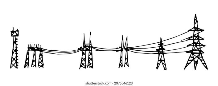 Hand drawn simple vector black outline drawing. Metal poles with electric wires, power grid, station. Connection, electrification. Ink sketch.