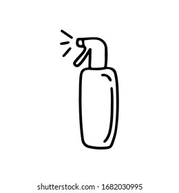 Hand drawn simple vector doodle illustration spray bottle sanitizer in outline isolated on white background. Hand disinfection, antiseptic spray in a bottle, cleansing, care, protection against germs