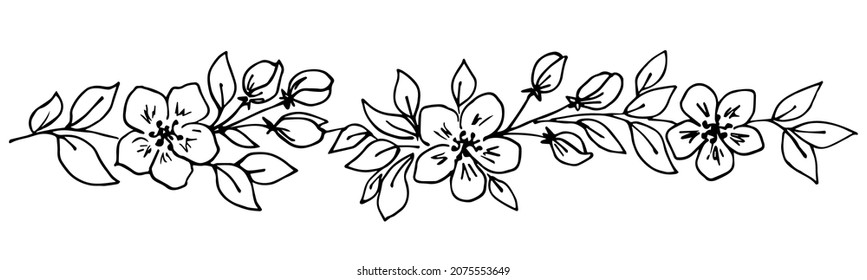 Dibujo manual simple de vector con estilo de grabado. Diseño de primavera estacional. Sakura floreciente, borde floral, hojas, ramas, brotes. Esbozo de tinta.