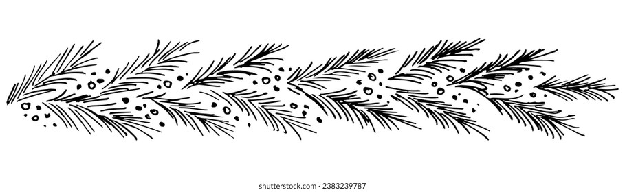 Hand drawn simple vector drawing with black outline. Pine, spruce branch, berries. Long garland, border. New Year, Christmas design.