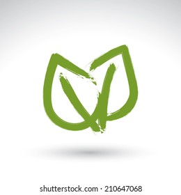Hand drawn simple vector green eco leaves icon, real ink brush drawing ecology symbol, hand-painted silhouette of double leaves isolated on white background. 