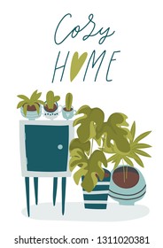 Hand drawn simple vector illustration with green home plant collection. House gardening poster or print concept. Urban jungle theme card design. Stylish cozy journal graphic design with lettering