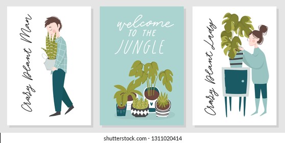 Hand drawn simple vector illustration set with green home plant collection. House gardening poster, print concept. Urban jungle card design. Stylish cozy journal graphic lettering design template