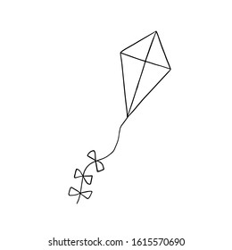 A hand drawn simple vector illustration for holiday celebration design, an outlined kite with rope and bows, isolated object on the white background, symbol of summer activities 